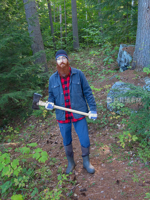 Lumbersexual Redhead Hipster Camping Man Holding Axe in Woods